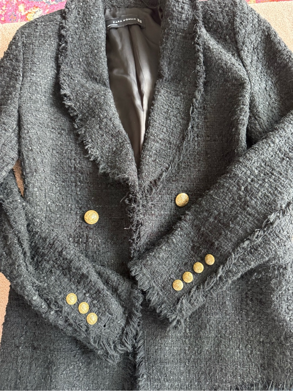 Zara Soft Boucle tweed double breasted Jacket - XS Black - Gold Buttons - EUC